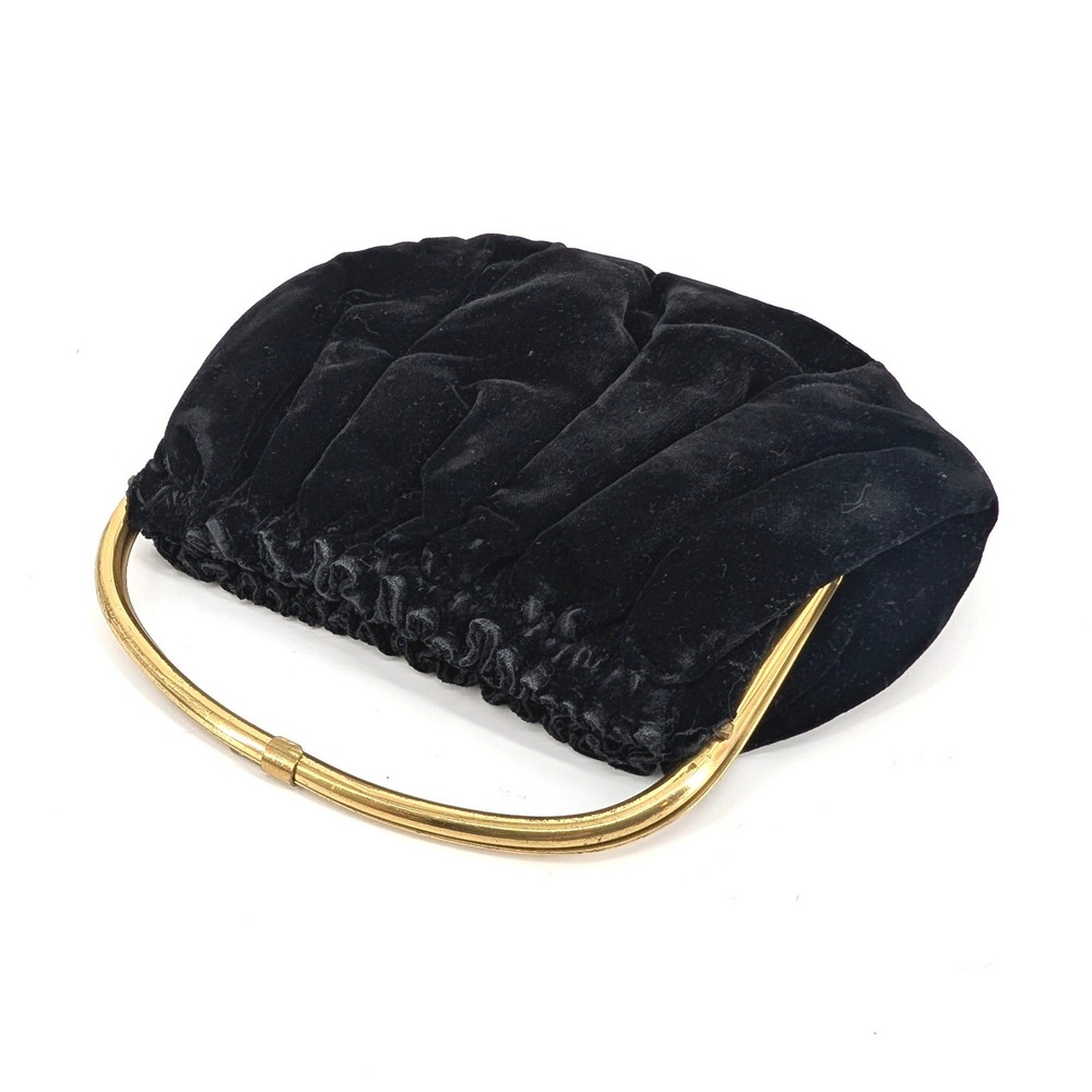 IDEAL Vintage Black Velvet Clutch Gold Frame Top Handle Evening Bag